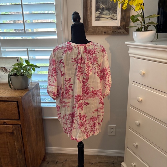 Johnny Was PINK FIREBIRD PLEATED BUTTON DOWN BLOUSE, XXL - Picture 3 of 10